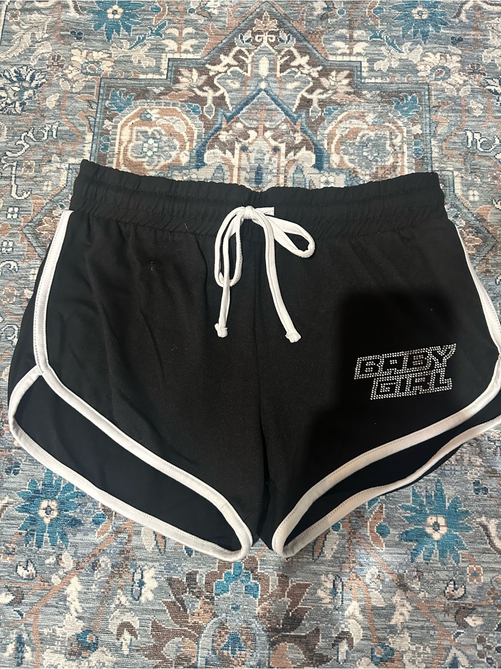 Rue21 Black Athletic Shorts with White Trim and Rhinestone 'Baby Girl'